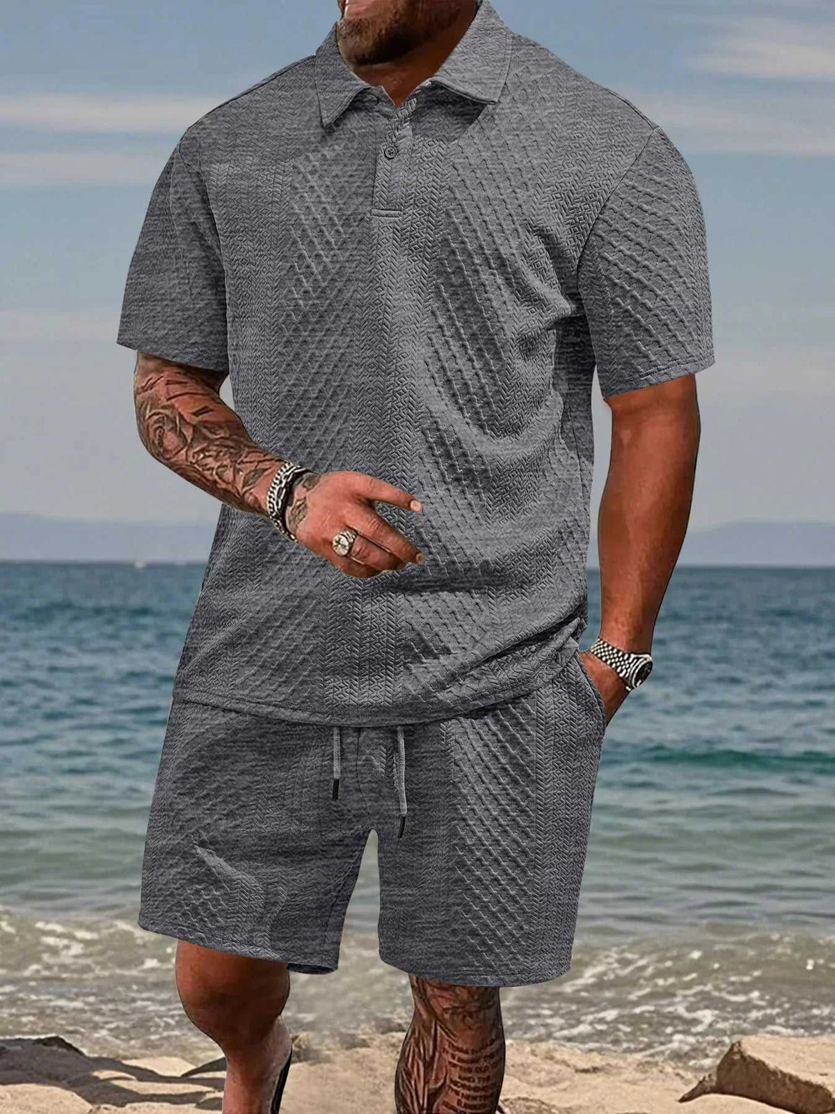 Men's Full Size Textured Knit Polo Shirt & Shorts Set Plus Size 100400756027156 37 Affordable Fashion Under $100 Jerry's Apparel 
