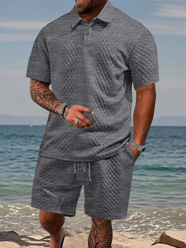 Men's Full Size Textured Knit Polo Shirt & Shorts Set Plus Size