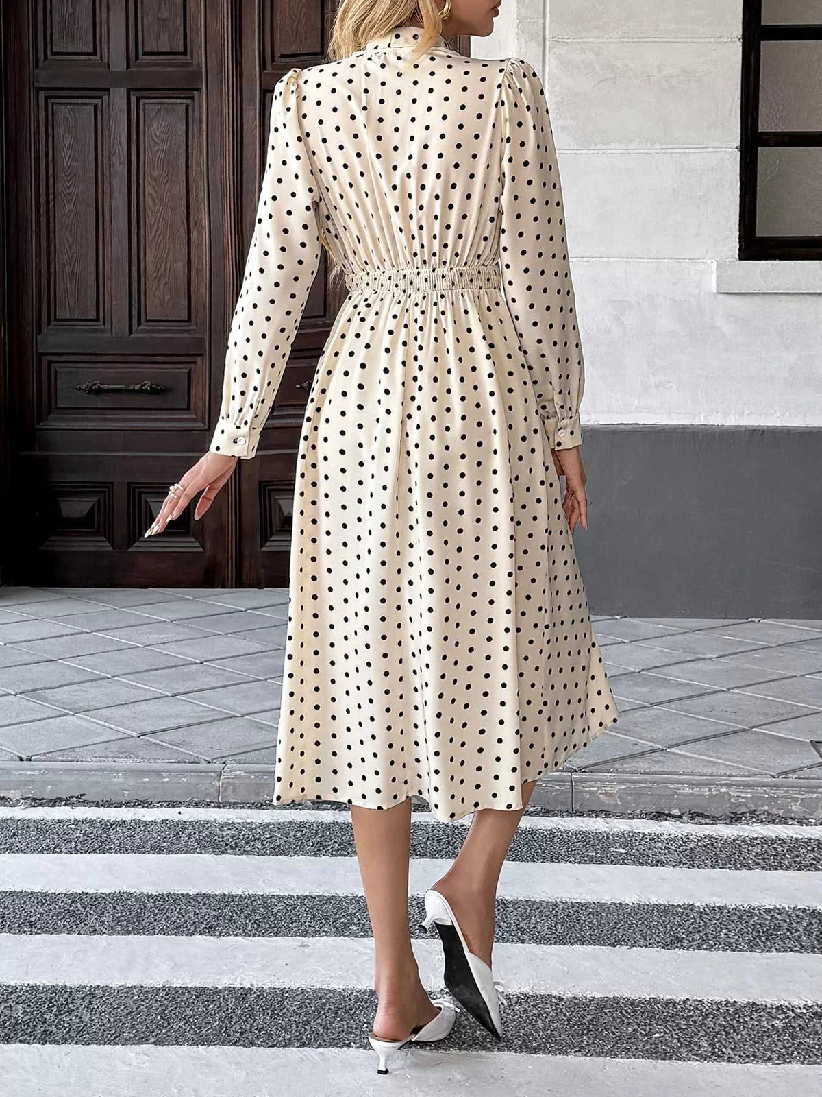 Polka Dot Tie Front Long Sleeve Midi Dress 100100412285779 42 Gifts for Her Jerry's Apparel 