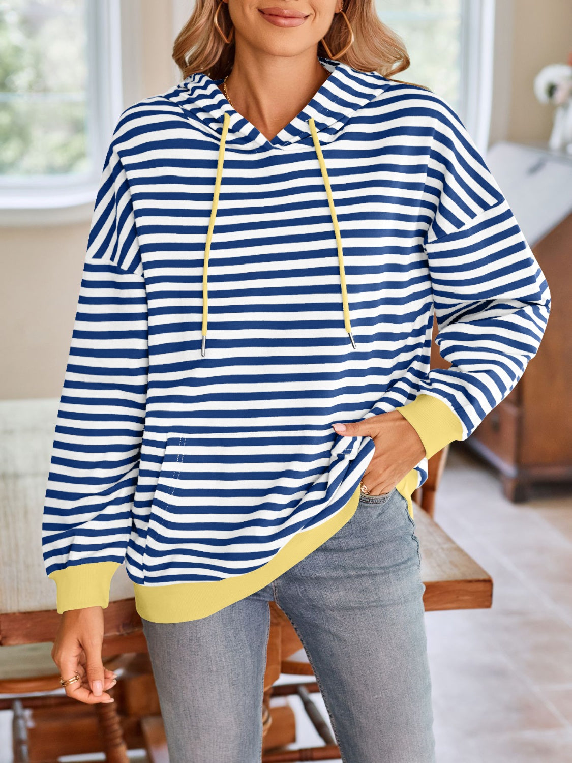 Drawstring Striped Long Sleeve Hoodie