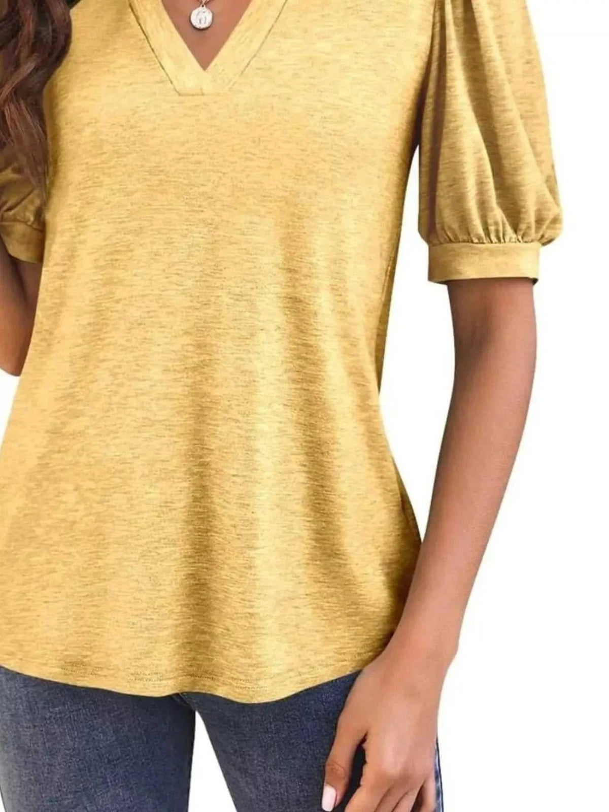 Puff Sleeve Notched Casual T-Shirt 100100978352776 23 Affordable Fashion Under $100 Jerry's Apparel 