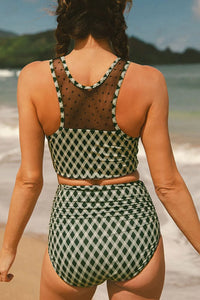 Dotted Mesh Plaid Patchwork High Waisted Swim Set