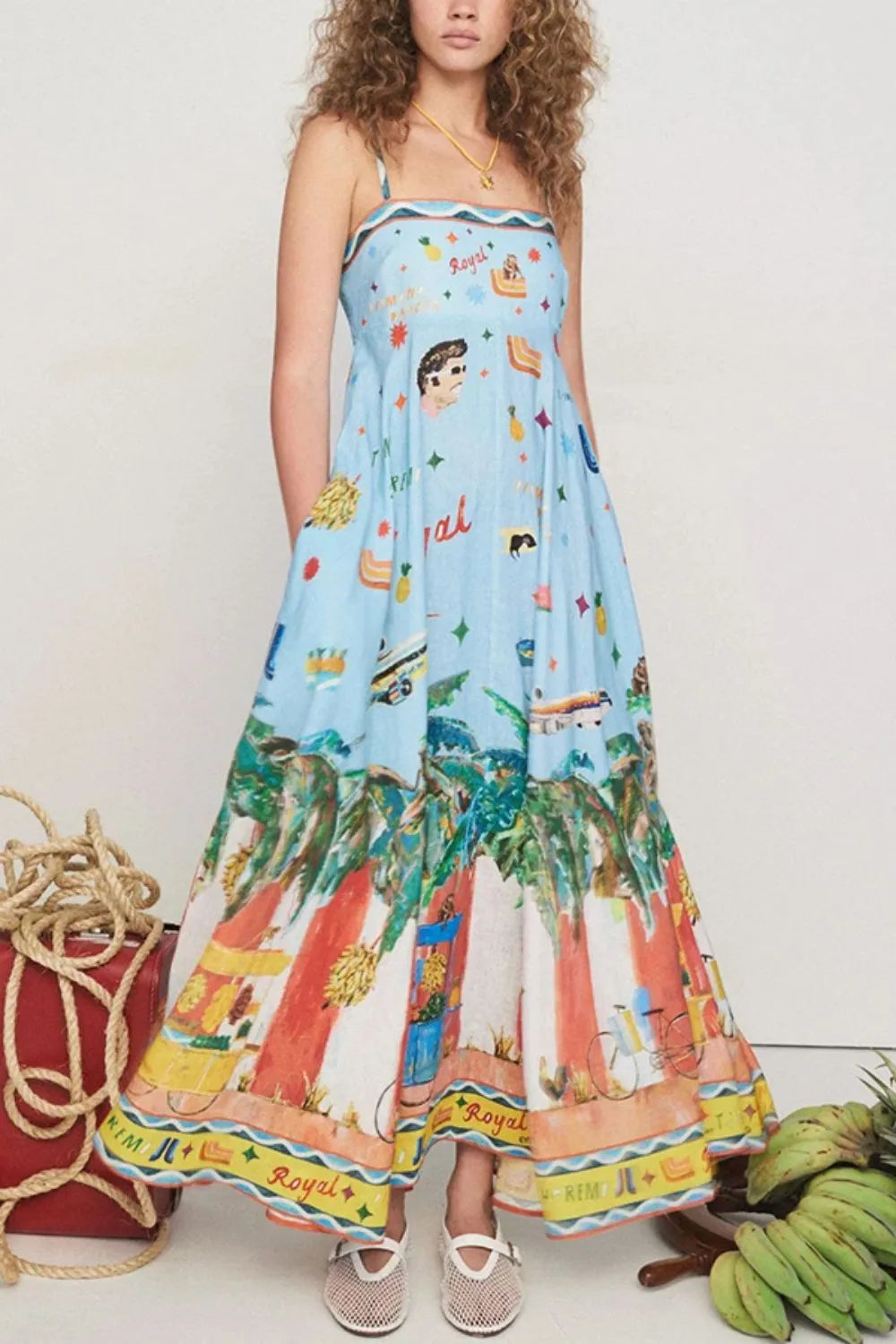 Printed Square Neck Maxi Cami Dress with Pockets