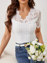 Lace Trim Eyelet Embroidered Summer T-Shirt