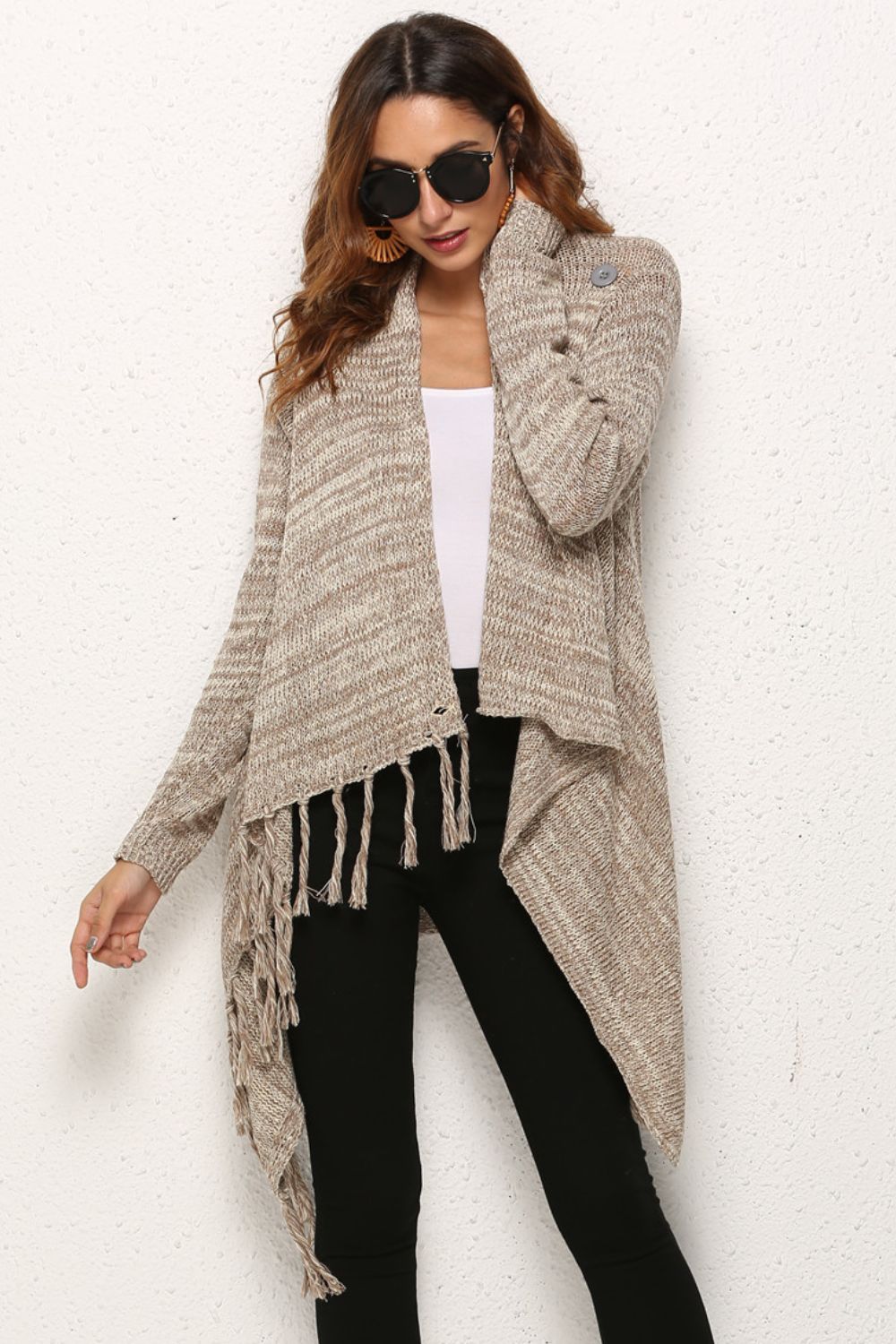 Angel Wings One-Button Tassel Tie Asymmetrical Hem Cardigan