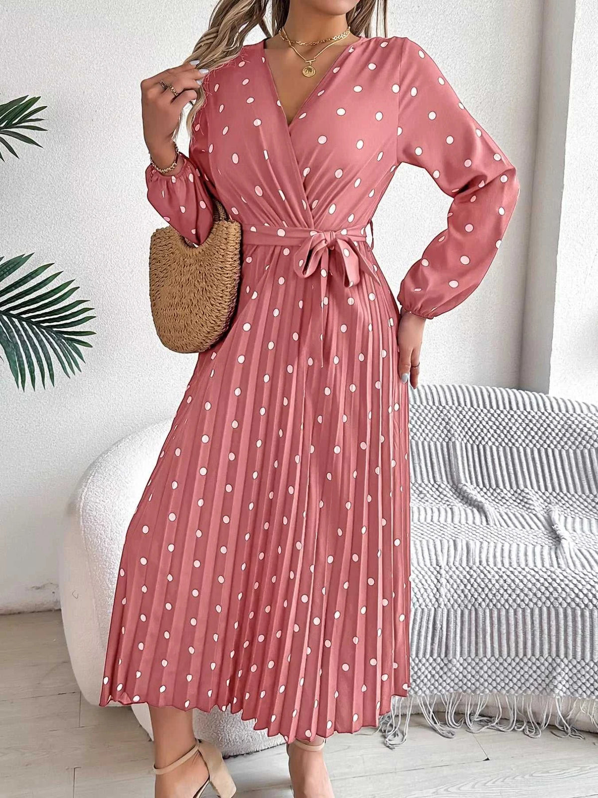 Front Tie Polka Dot Midi Pleated Dress 100100612892124 36 Gifts for Her Jerry's Apparel 