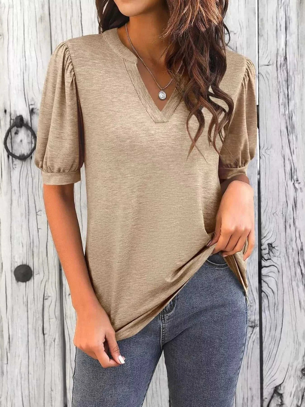 Puff Sleeve Notched Casual T-Shirt 100100978352776 23 Affordable Fashion Under $100 Jerry's Apparel 