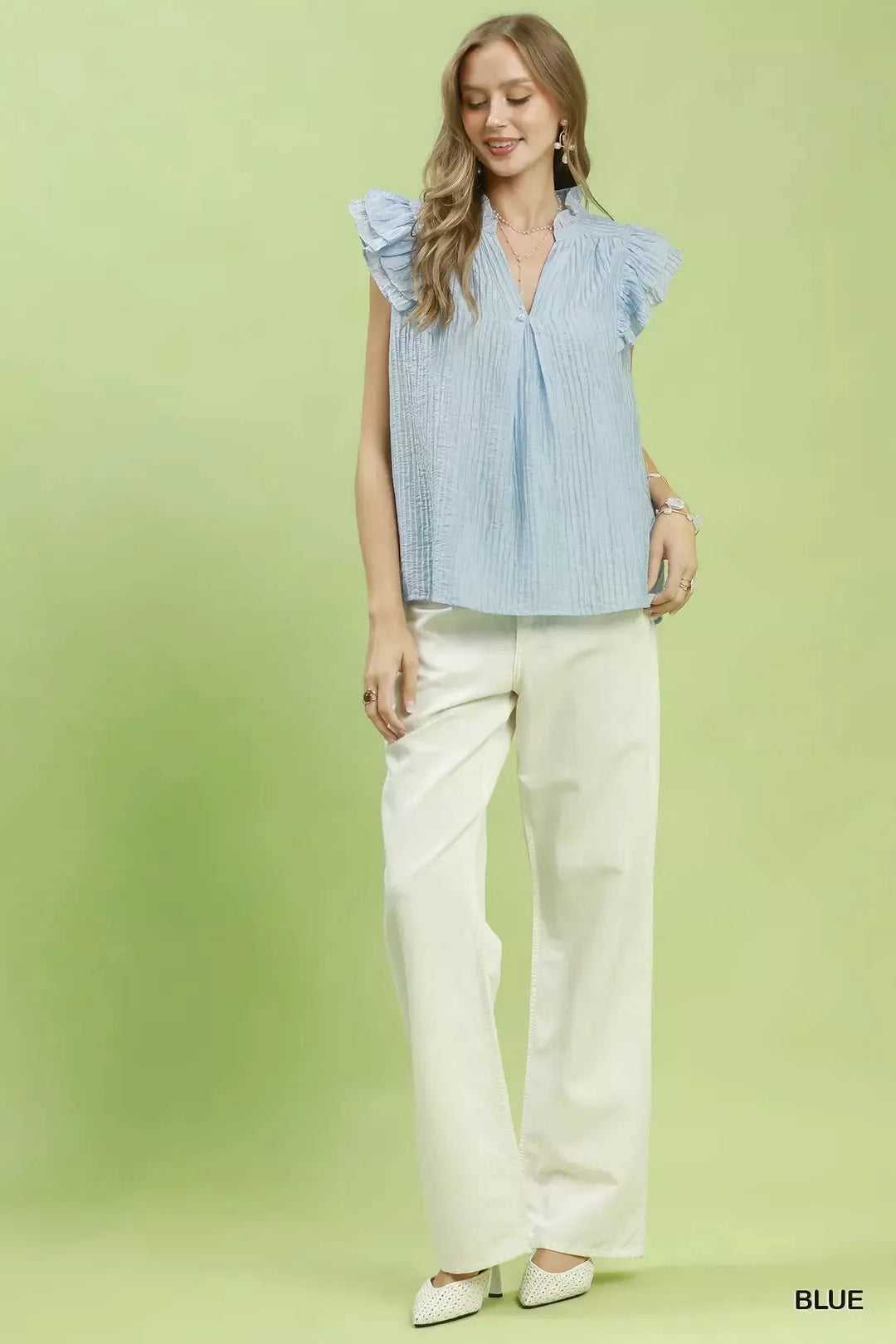 Umgee Textured Ruffle Sleeve Split V Neck Top 100100351651001 51 Affordable Fashion Under $100 Jerry's Apparel 