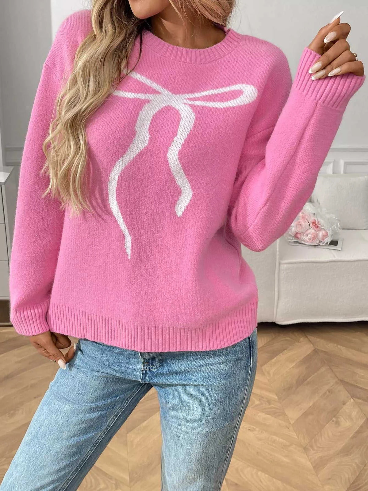 Bow Round Neck Long Sleeve Sweater 100100577001870 48 Seasonal Fashion Collections Jerry's Apparel 