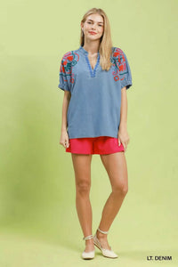 Umgee Embroidered Denim Puff Sleeve Top 100100810541249 60 Affordable Fashion Under $100 Jerry's Apparel 