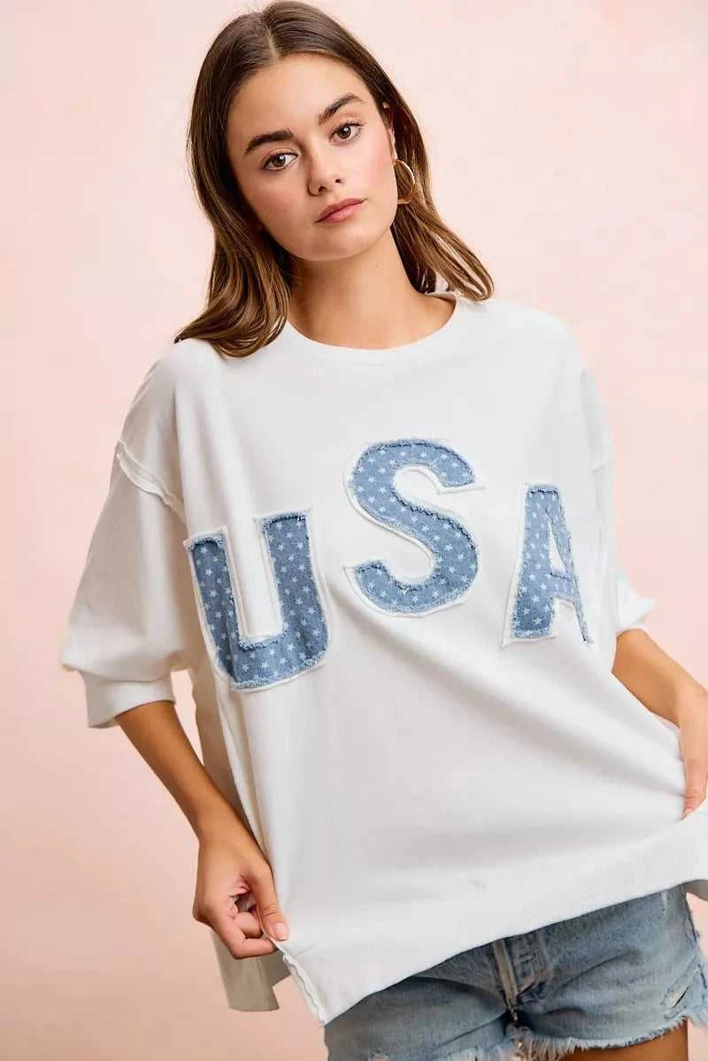 BiBi 4th Of July Usa Letter Patchwork French Terry Top 100100635501873 52 Gifts for Her Jerry's Apparel 