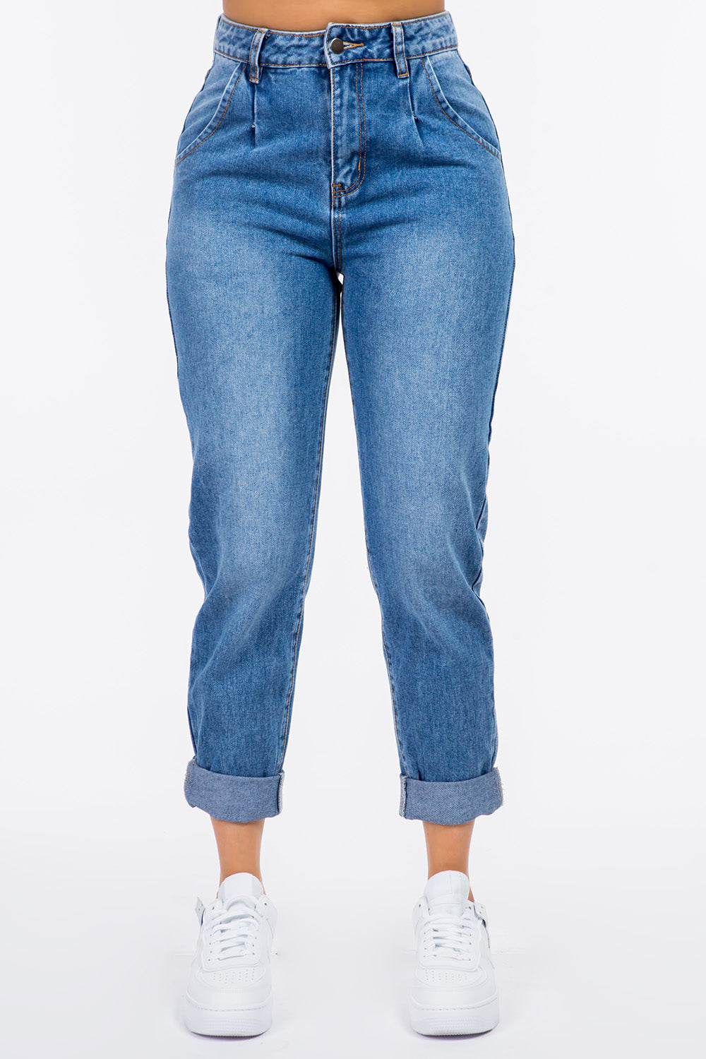 High Waist Pleated Waist Mom Jeans