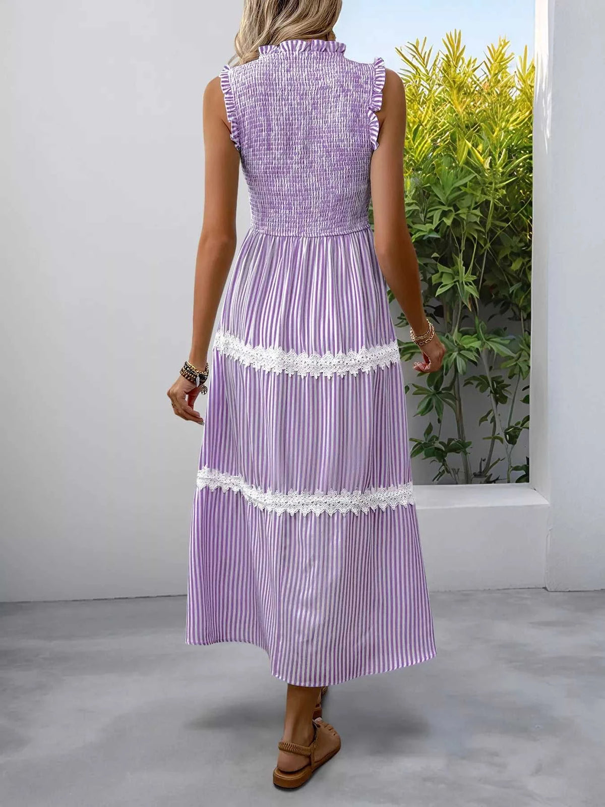 Smocked Striped Lace Trim Sleeveless Midi Dress 100100337606296 49 Affordable Fashion Under $100 Jerry's Apparel 