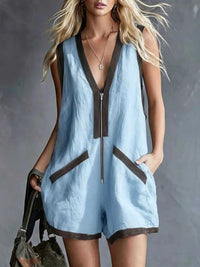 V-Neck Zipper Front Romper with Contrast Trim 100100294902441 37 Women's Romper Affordable Fashion Under $100 Jerry's Apparel 