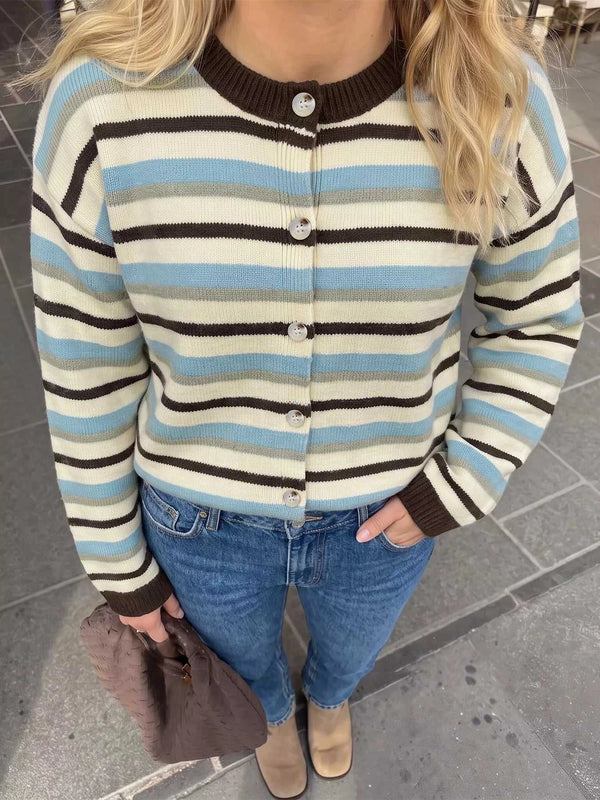 Striped Crew Neck Button-Down Cardigan 101002455648887 56 Women's Sweaters and Knitwear Jerry's Apparel 