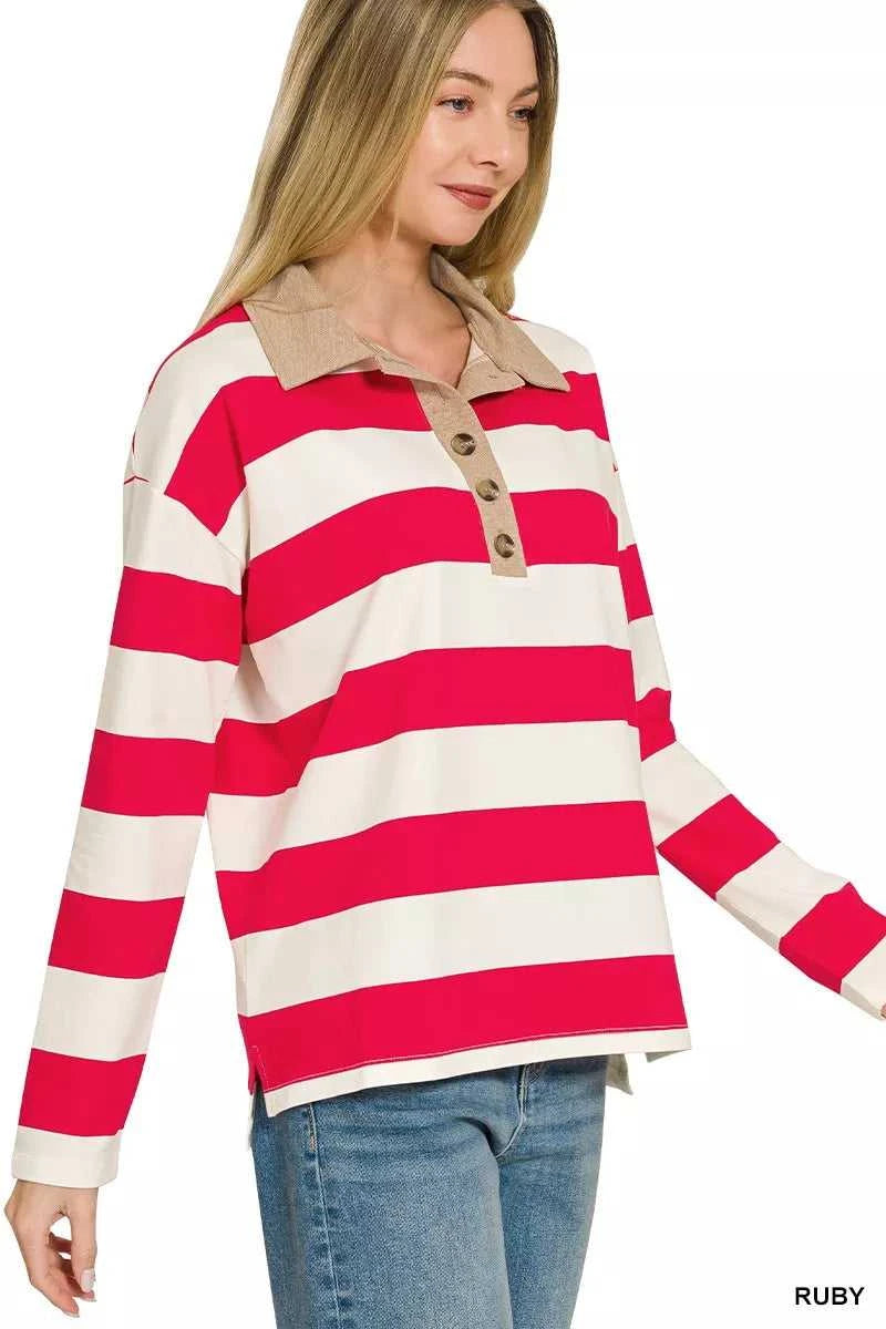 Zenana Striped Contrast Collar Polo Top 100100124201410 33 Affordable Fashion Under $100 Jerry's Apparel 