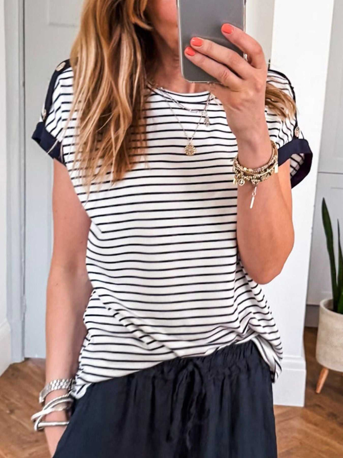 Stripe Cuffed Sleeve Button Decor Loose Tee 100100499247286 29 Affordable Fashion Under $100 Jerry's Apparel 