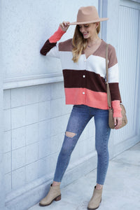 Woven Right Color Block V-Neck Button Down Cardigan