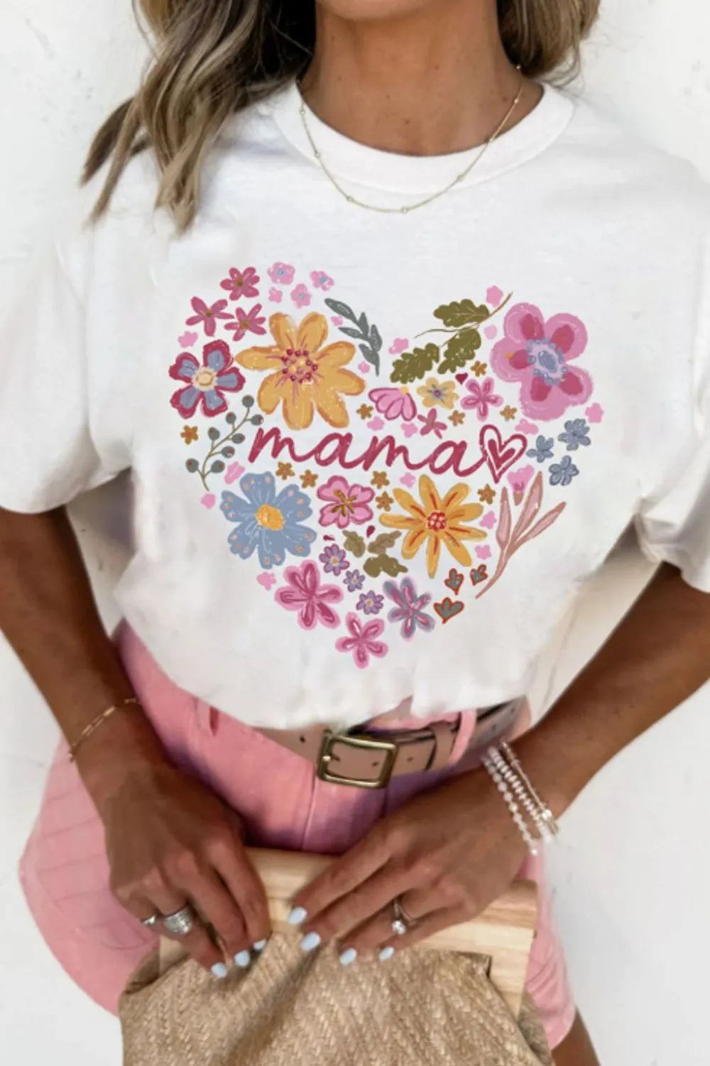 MAMA Flower Heart Cotton Blend Graphic Tee