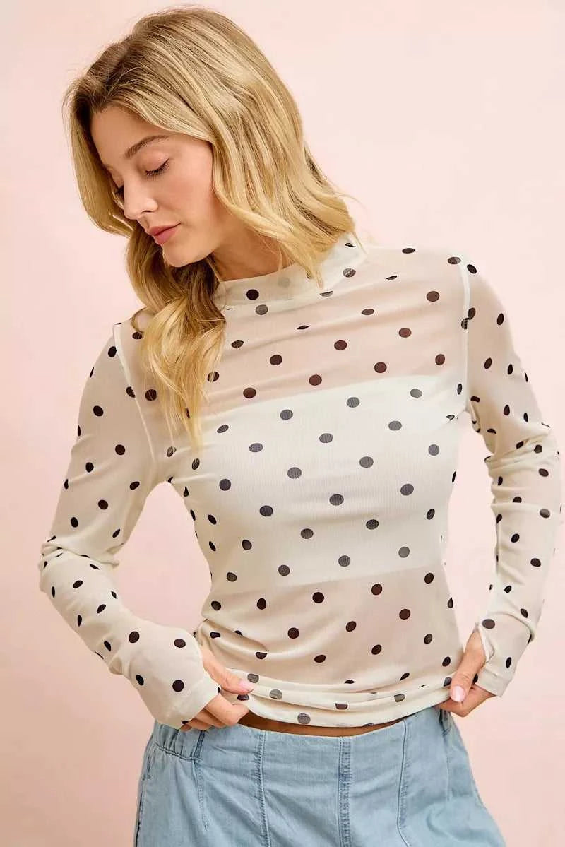 BiBi High Neck Line Polka Dots Mesh Top With Thumb Open 100100247581444 36 Gifts for Her Jerry's Apparel 