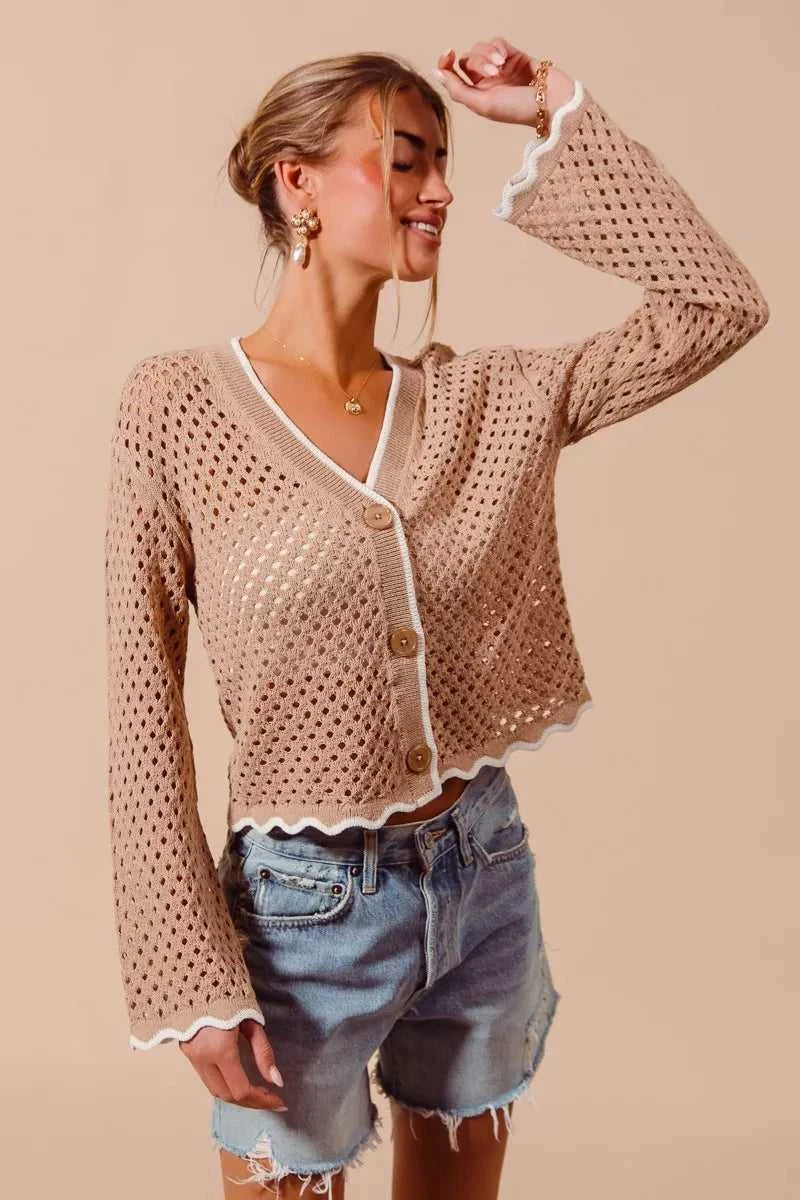 SO ME Open Knit Light Weight Sweater Cardigan With Contrast Wavy Scallop Edge 100100641861665 41 Affordable Fashion Under $100 Jerry's Apparel 
