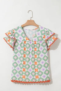 Floral Print V-neck Flutter Sleeve Blouse