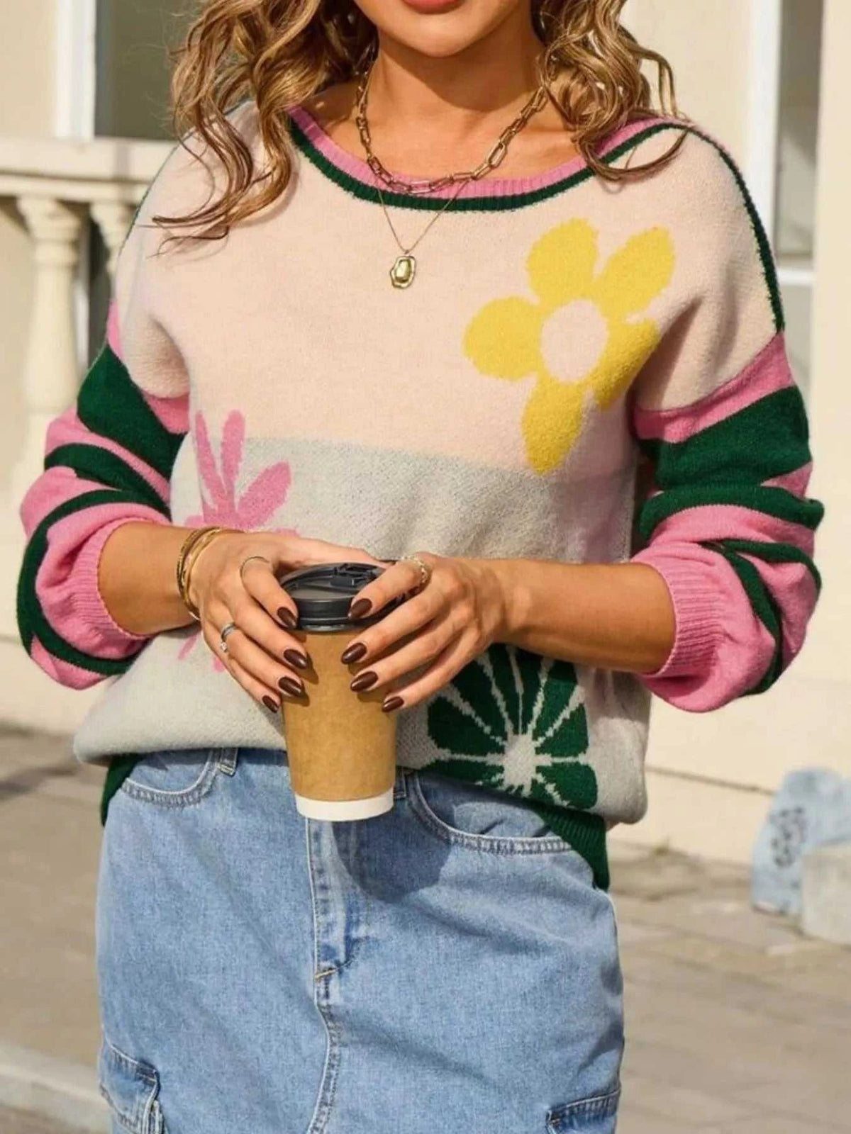 Floral Striped Sleeve Round Neck Sweater 100100273694398 49 Affordable Fashion Under $100 Jerry's Apparel 