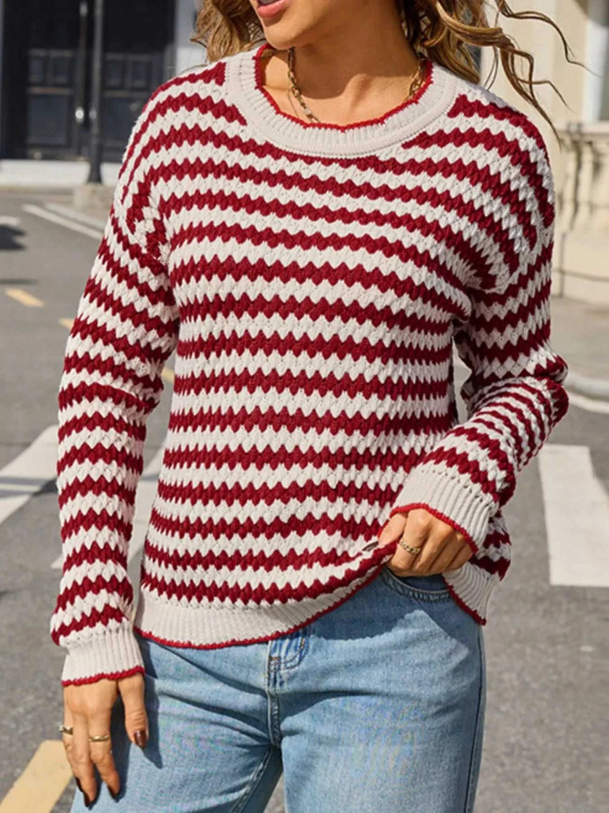 Striped Zigzag Knit Round Neck Sweater 100100461154218 44 Affordable Fashion Under $100 Jerry's Apparel 