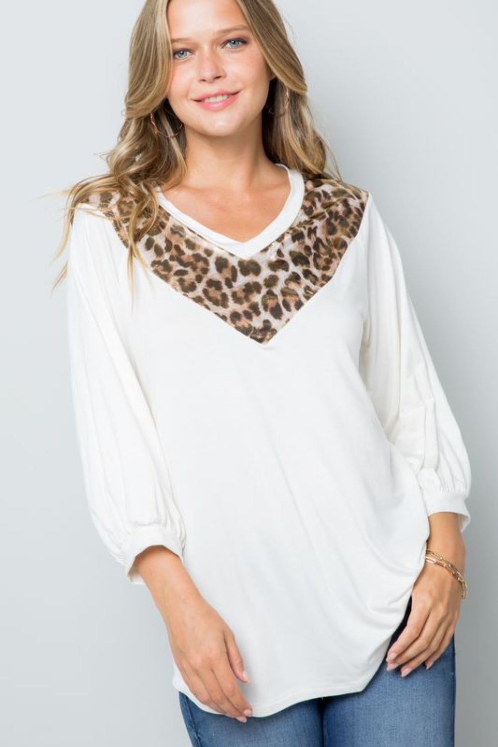 Full Size Leopard Contrast Balloon Sleeve Top