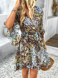 Devine Printed Surplice Ruffled 3/4 Sleeve Mini Dress