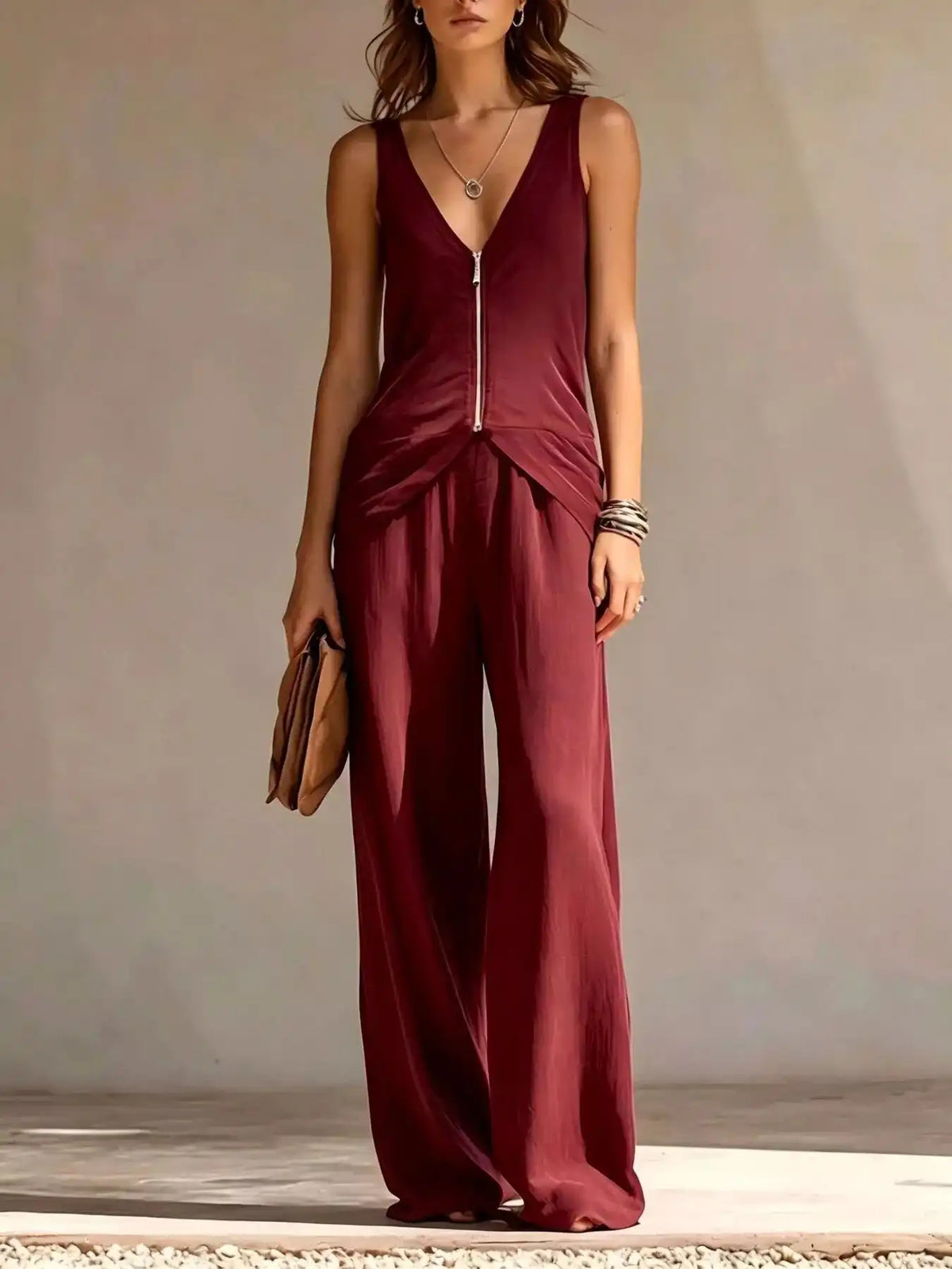 Full Size Zipper Front Tank and Wide-Leg Pants Set Plus Size 101001865169610 58 Women's Pants Set Gifts for Her Jerry's Apparel 