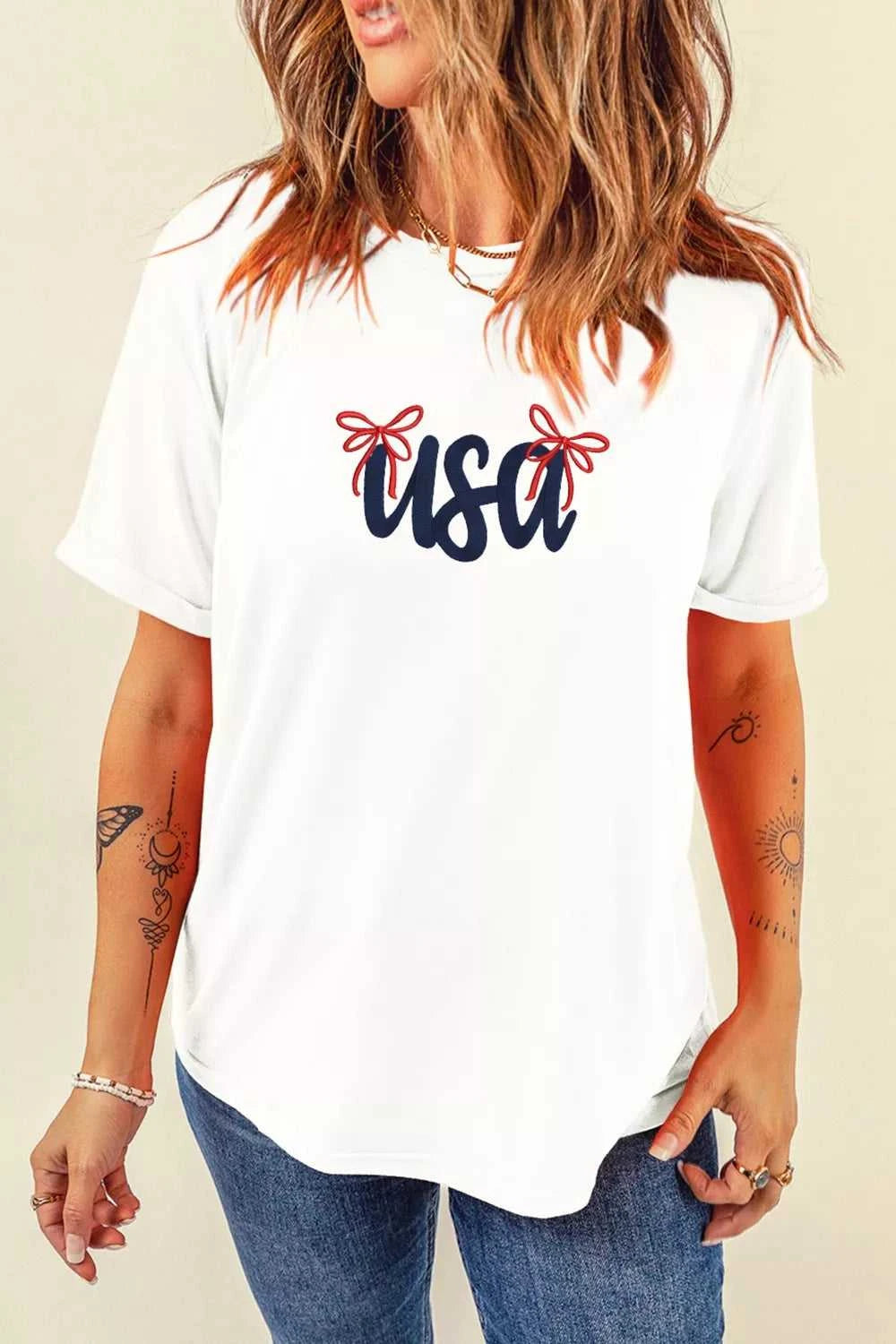 USA Lettering Bow Embroidered T Shirt 100100430685063 45 Affordable Fashion Under $100 Jerry's Apparel 