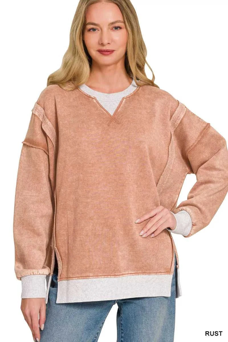 Zenana Fleece Acid Washed Contrast Trim Sweatshirt 100100489051654 39 Jerry's Apparel 