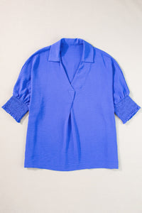 Smocked Johnny Collar Half Sleeve Blouse