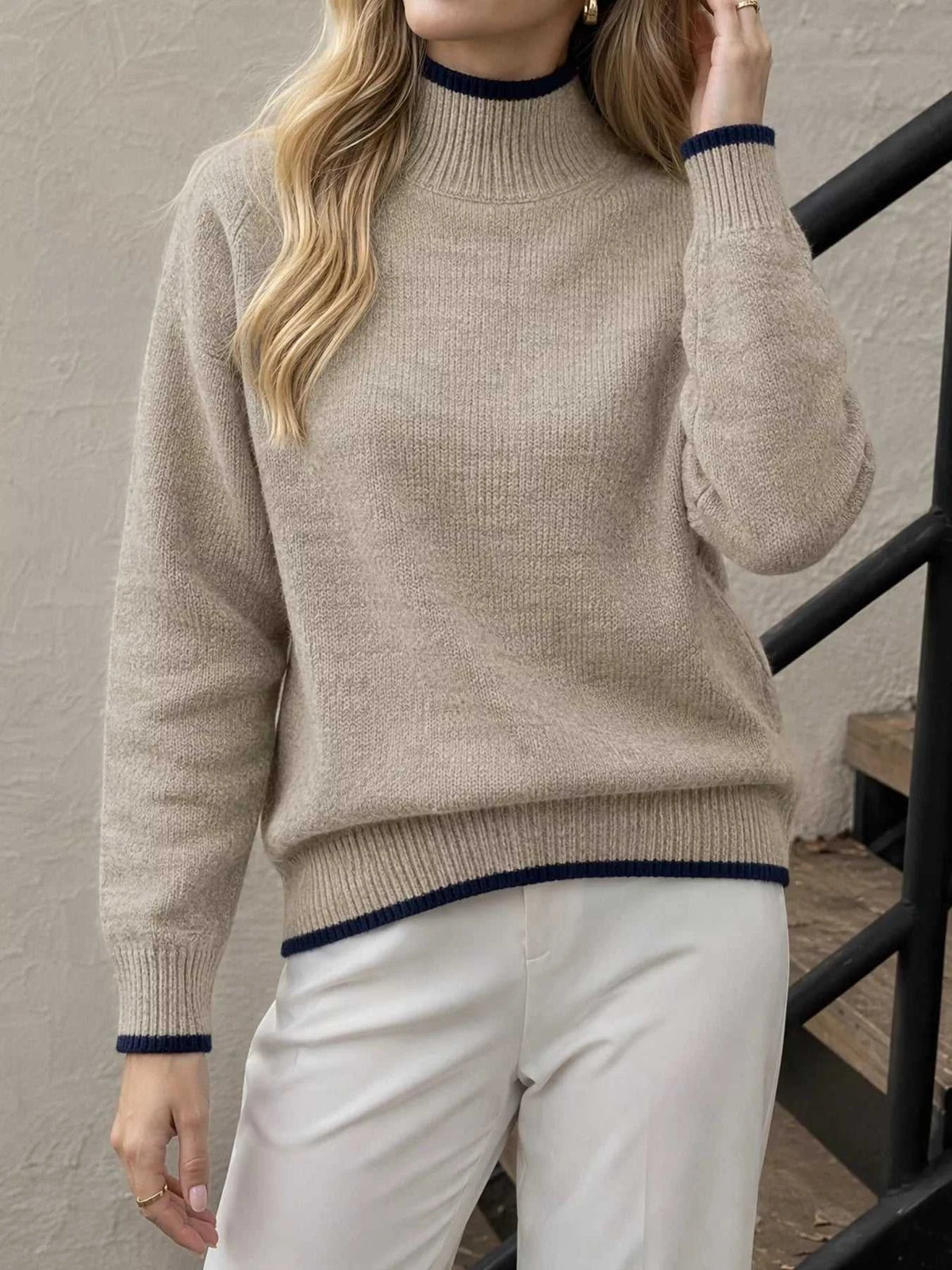 Cozy Mock Neck Sweater with Contrast Trim 100100811272855 41 Women's Sweaters and Knitwear Jerry's Apparel 