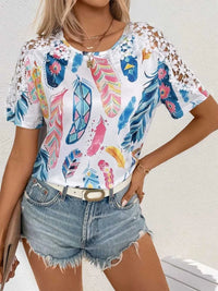 Perfee Printed Round Neck Lace Short Sleeve Top 100100723081664 24 Affordable Fashion Under $100 Jerry's Apparel 