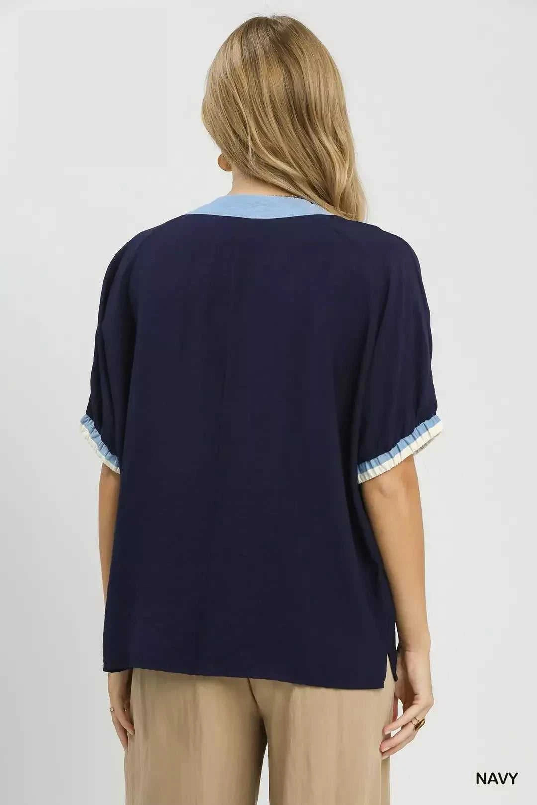Umgee Embroidered Floral V-Neck Short Sleeve Blouse with Contrast Trim 100100813681836 53 Affordable Fashion Under $100 Jerry's Apparel 