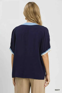 Umgee Embroidered Floral V-Neck Short Sleeve Blouse with Contrast Trim 100100813681836 53 Affordable Fashion Under $100 Jerry's Apparel 
