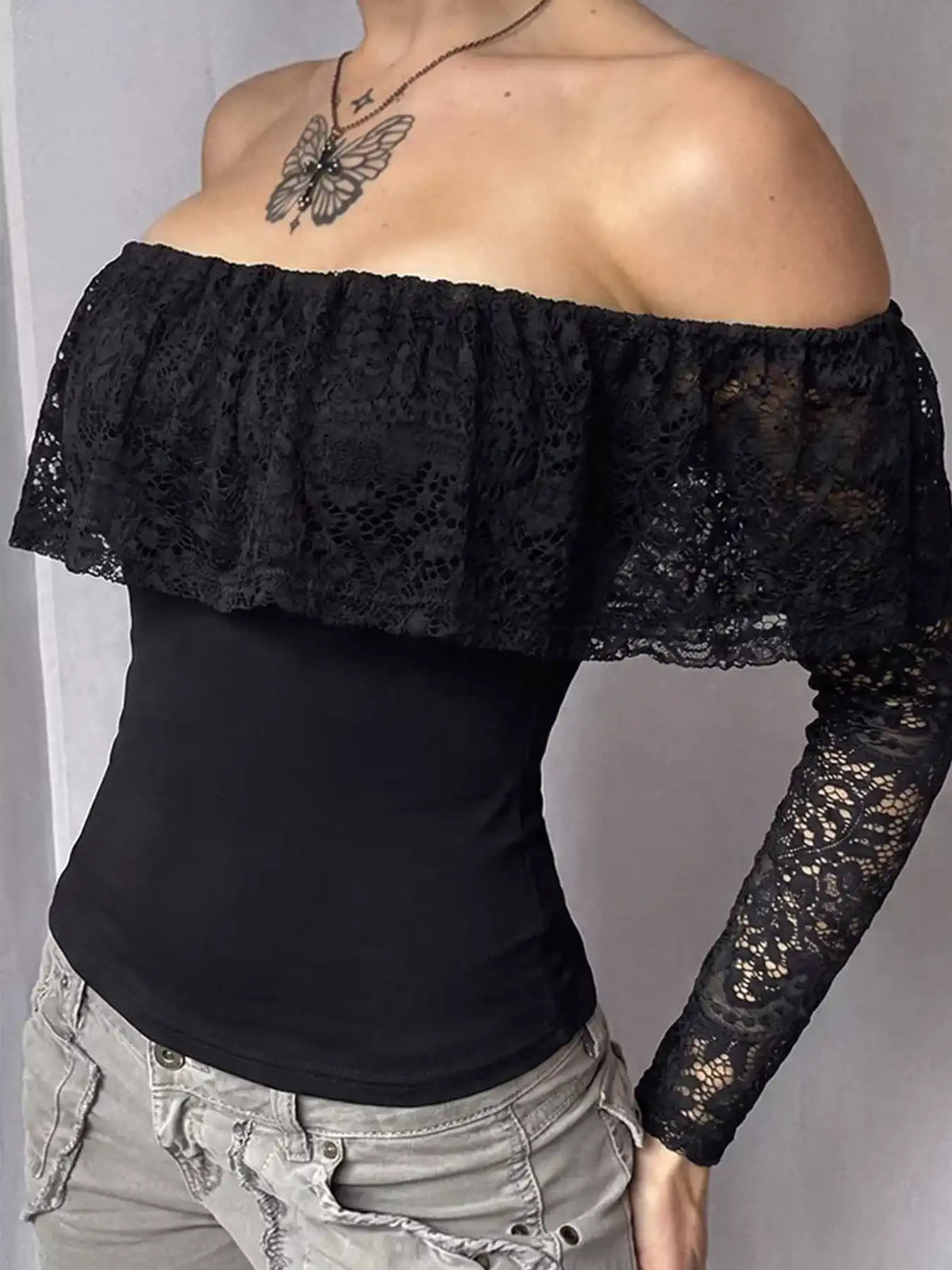 Off-Shoulder Lace Trim Long Sleeve T-Shirt 101001284372471 43 Affordable Fashion Under $100 Jerry's Apparel 