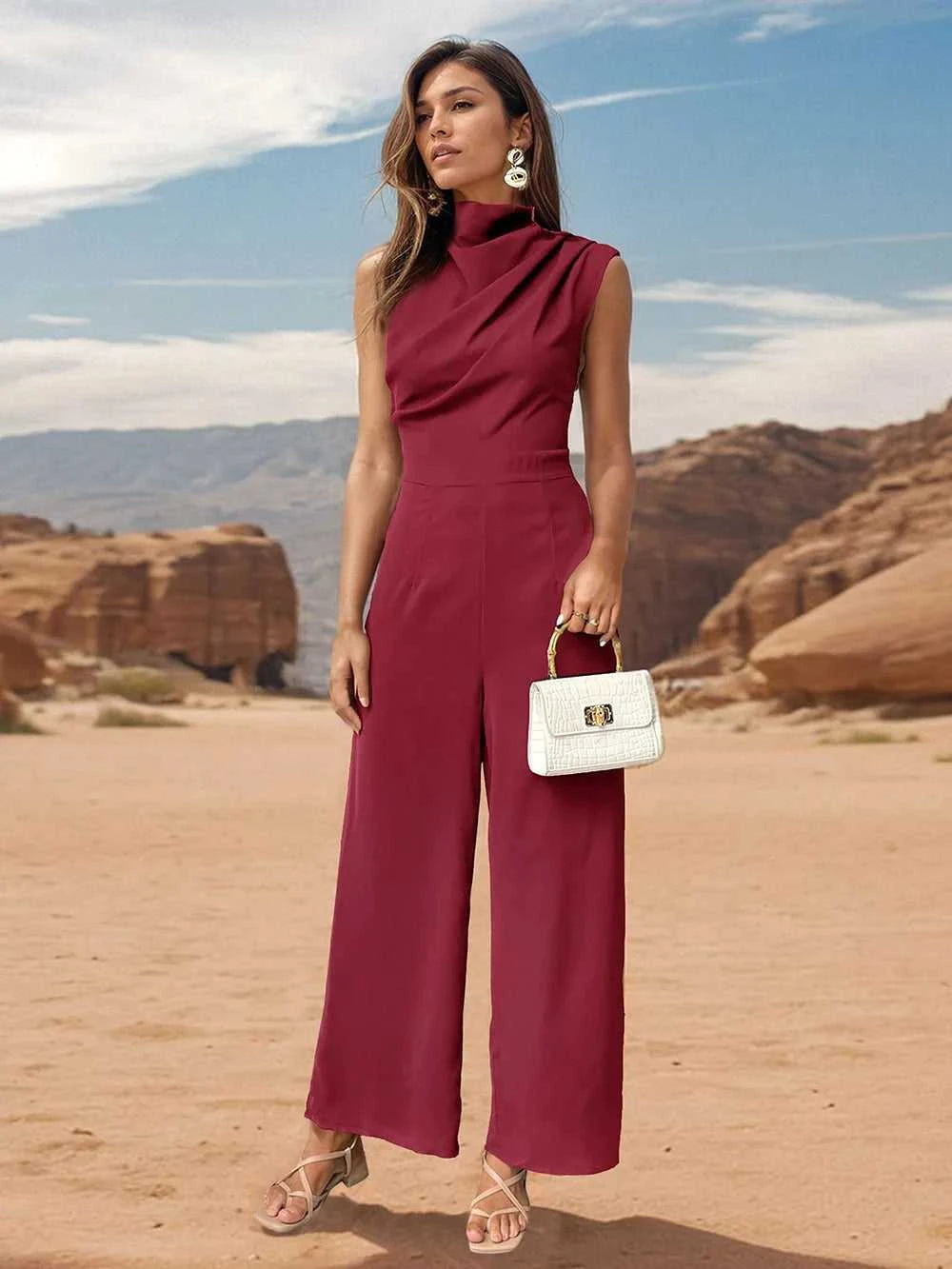 Perfee Ruched Mock Neck Sleeveless Jumpsuit 100100345642914 38 Affordable Fashion Under $100 Jerry's Apparel 