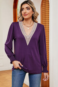 Lace Detail V-Neck Lantern Sleeve T-Shirt