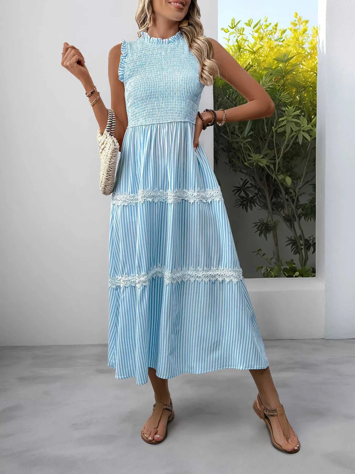 Striped Smocked Sleeveless Tiered Midi Dress 100100055203961 49 Affordable Fashion Under $100 Jerry's Apparel 