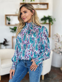 Full Size Printed Smocked Long Sleeve Blouse