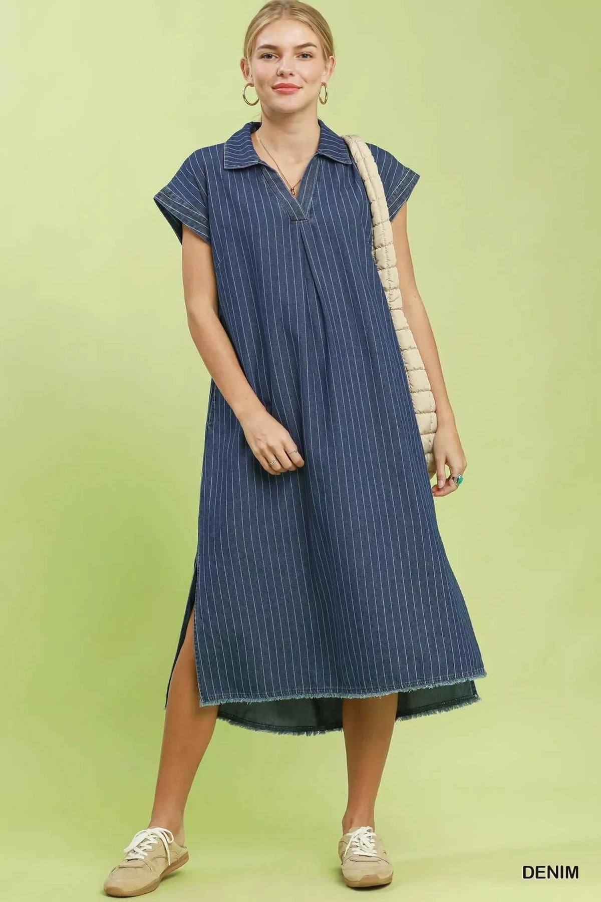 Umgee Pinstripe Denim Collared Midi Dress with Side Slits 100100970061245 66 Affordable Fashion Under $100 Jerry's Apparel 