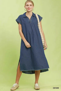 Umgee Pinstripe Denim Collared Midi Dress with Side Slits 100100970061245 66 Affordable Fashion Under $100 Jerry's Apparel 