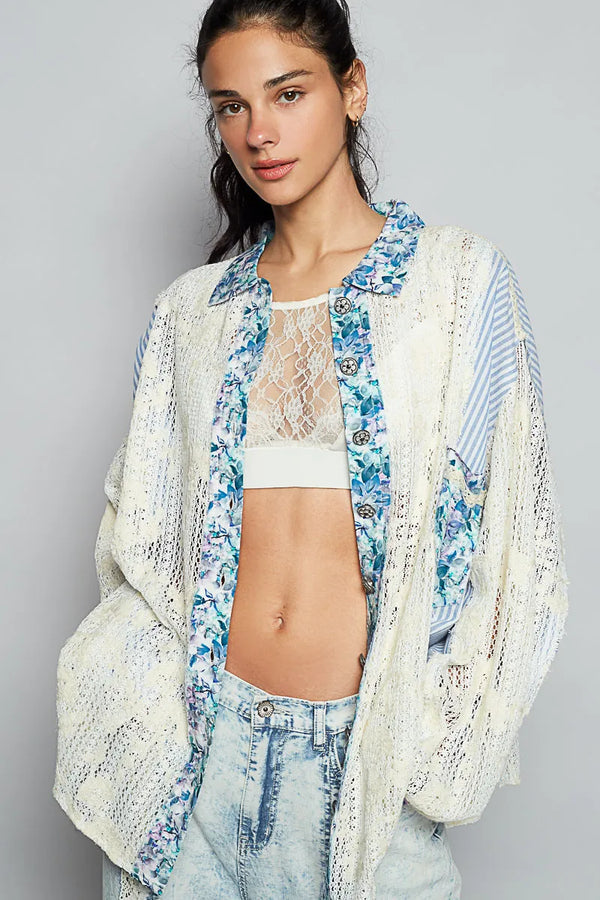 POL Lace Long Sleeve Shirt with Floral and Striped Pattern