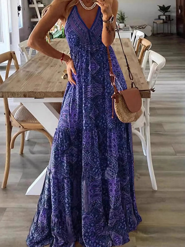 Full Size Printed V-Neck Maxi Cami Dress Plus Size