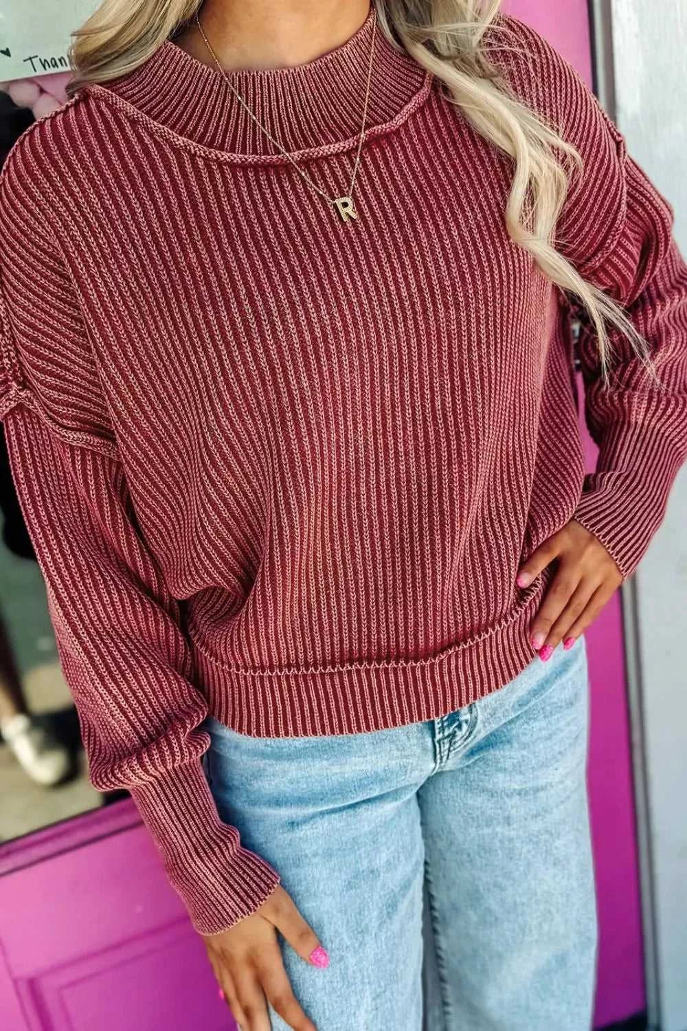 Drop Shoulder High Neck Ribbed Sweater 100100077017426 70 Affordable Fashion Under $100 Jerry's Apparel 