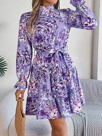 Printed Mock Neck Flounce Sleeve Mini Dress