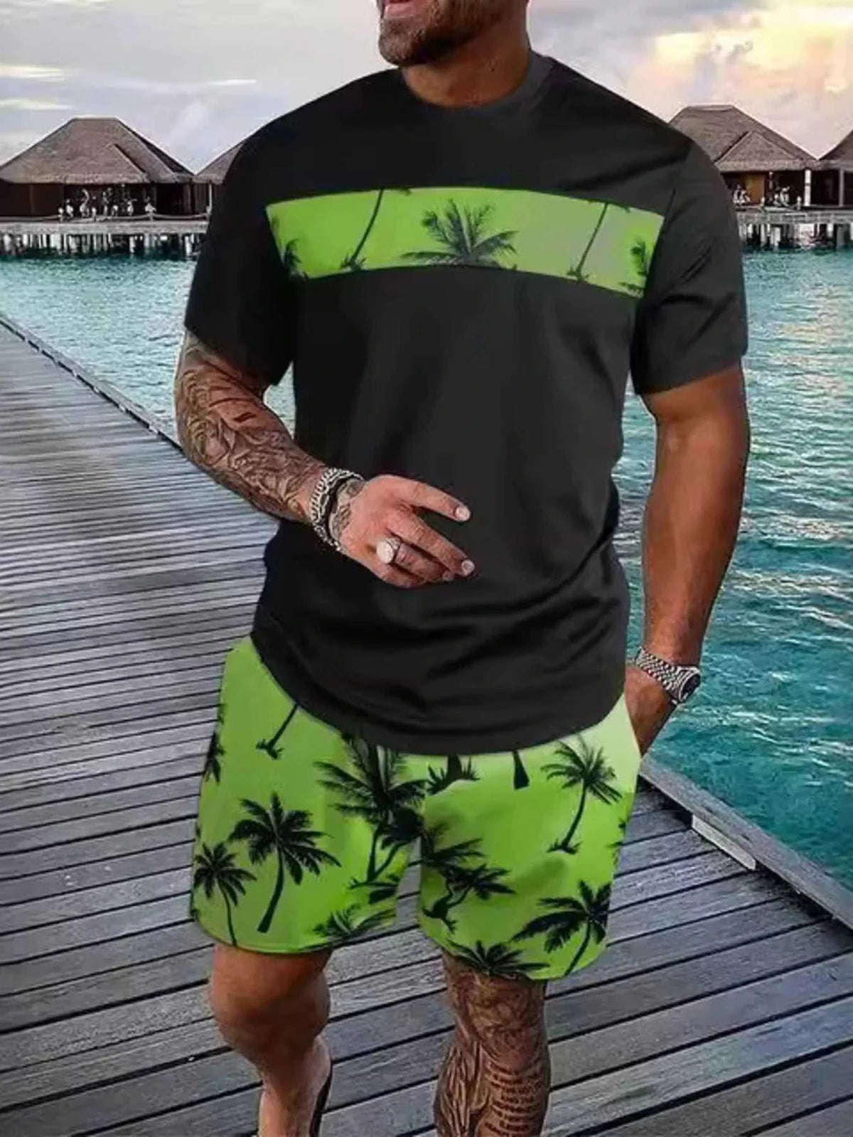 Men's Full Size Tropical Palm Tree Tee and Shorts Set Plus Size 100400554802541 22 Men's Sets Jerry's Apparel 